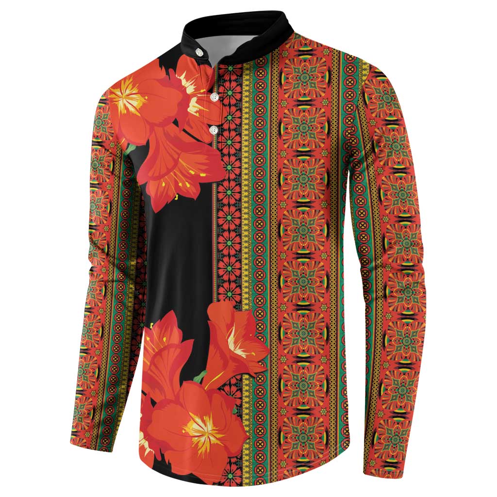 Men's black button sweatshirt with orange-red floral front panel and patterned sleeves