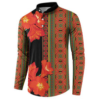 Men's black button sweatshirt with orange-red floral front panel and patterned sleeves