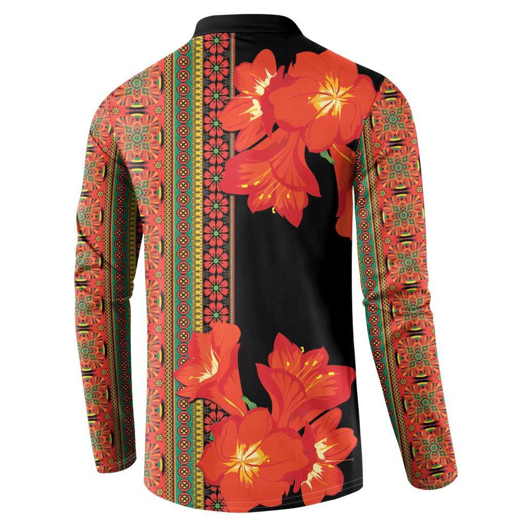 Men's black button sweatshirt with full back orange-red floral print and multicolor stripe borders