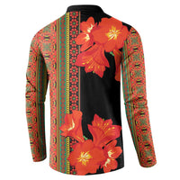 Men's black button sweatshirt with full back orange-red floral print and multicolor stripe borders