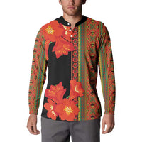 Men's black button sweatshirt with orange-red floral print and multicolor patterned side panels