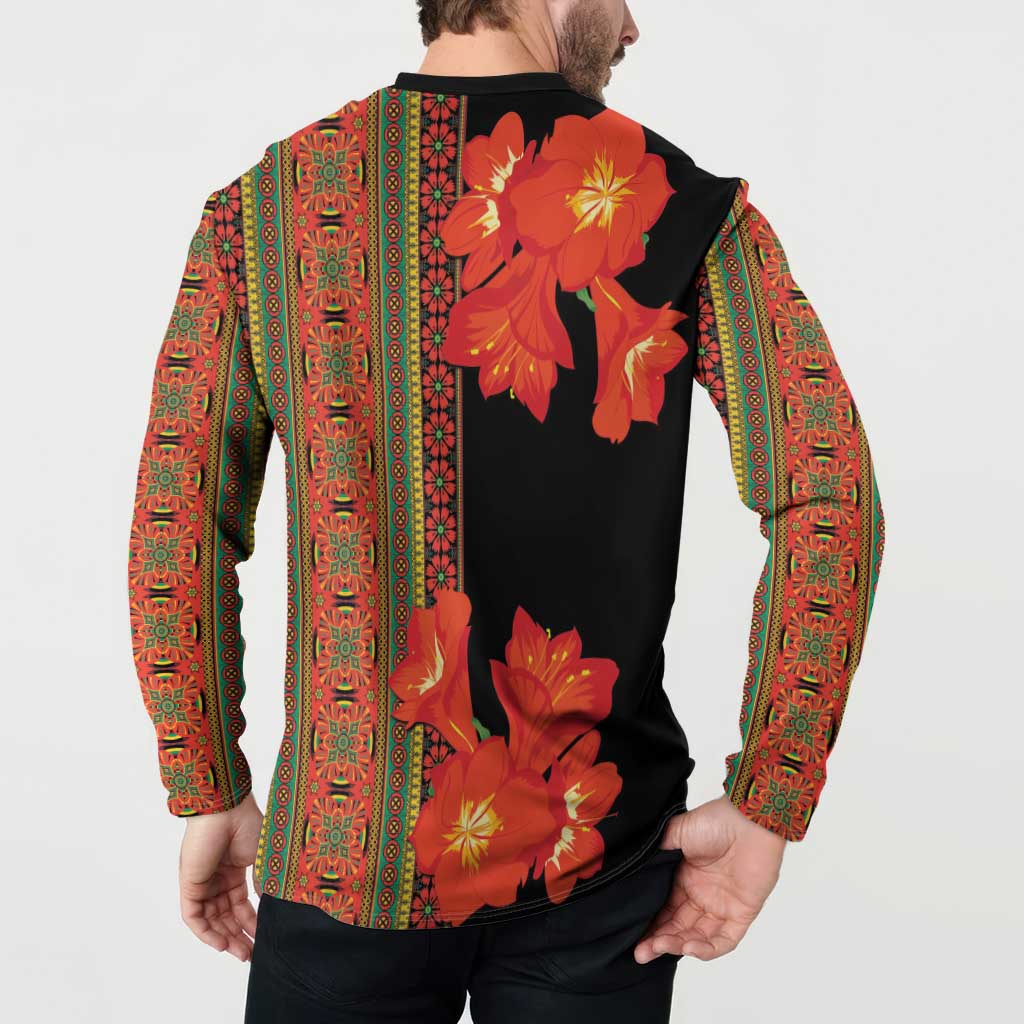 Men's black button sweatshirt with large orange-red floral print on back and patterned sleeves