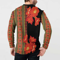 Men's black button sweatshirt with large orange-red floral print on back and patterned sleeves