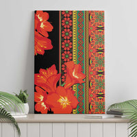 Clivia miniata flower canvas wall art with black background, red-orange blooms, green trim
