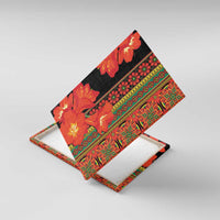 Clivia miniata flower canvas wall art, angled view showing patterned border and blooms