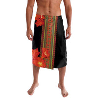 Black lavalava skirt with large red-orange flower print and vertical green stripe