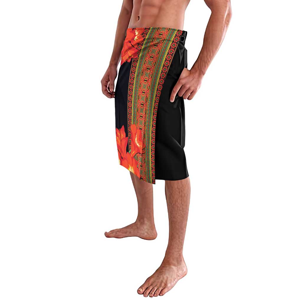 Black lavalava skirt with side floral panel and patterned vertical stripe