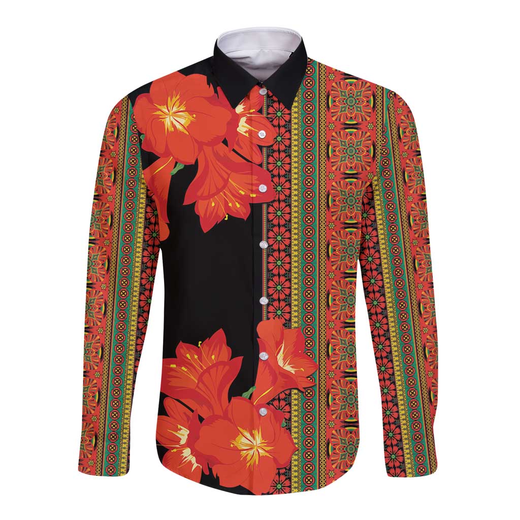 Black long-sleeve button shirt with orange-red floral and patterned vertical trim