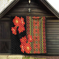 Black quilt with red-orange flowers and green-yellow multicolor vertical border design