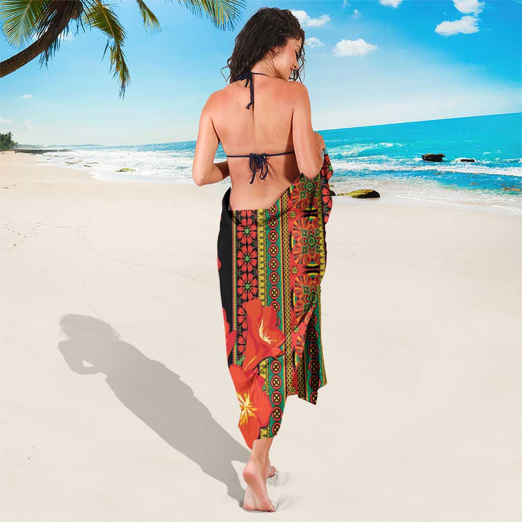 Multicolor floral stripe sarong wrapped around back with black tie straps