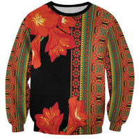 Unisex crewneck sweatshirt in black with orange-red flower print and patterned panels
