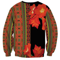 Unisex crewneck sweatshirt, black with orange-red flowers and vertical patterned trim
