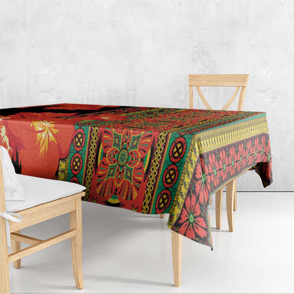 Multicolor tablecloth with clivia flower design and tribal stripe border