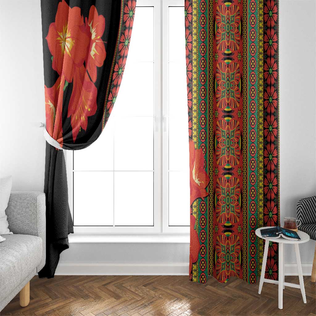 Clivia miniata flower window curtains with draped black floral panel and multicolor geometric border panel