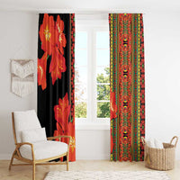 Clivia miniata flower window curtains, two panels: black with orange blooms and bright patterned center strip