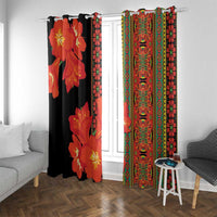 Clivia miniata flower window curtains with black panel of large orange-red flowers and multicolor patterned panel