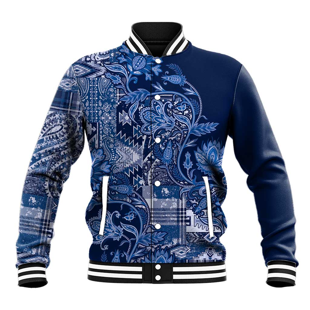 Blue paisley floral patchwork unisex baseball jacket with snap buttons and striped ribbing