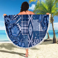Round blue beach blanket, paisley and checkered patchwork with white fringe trim