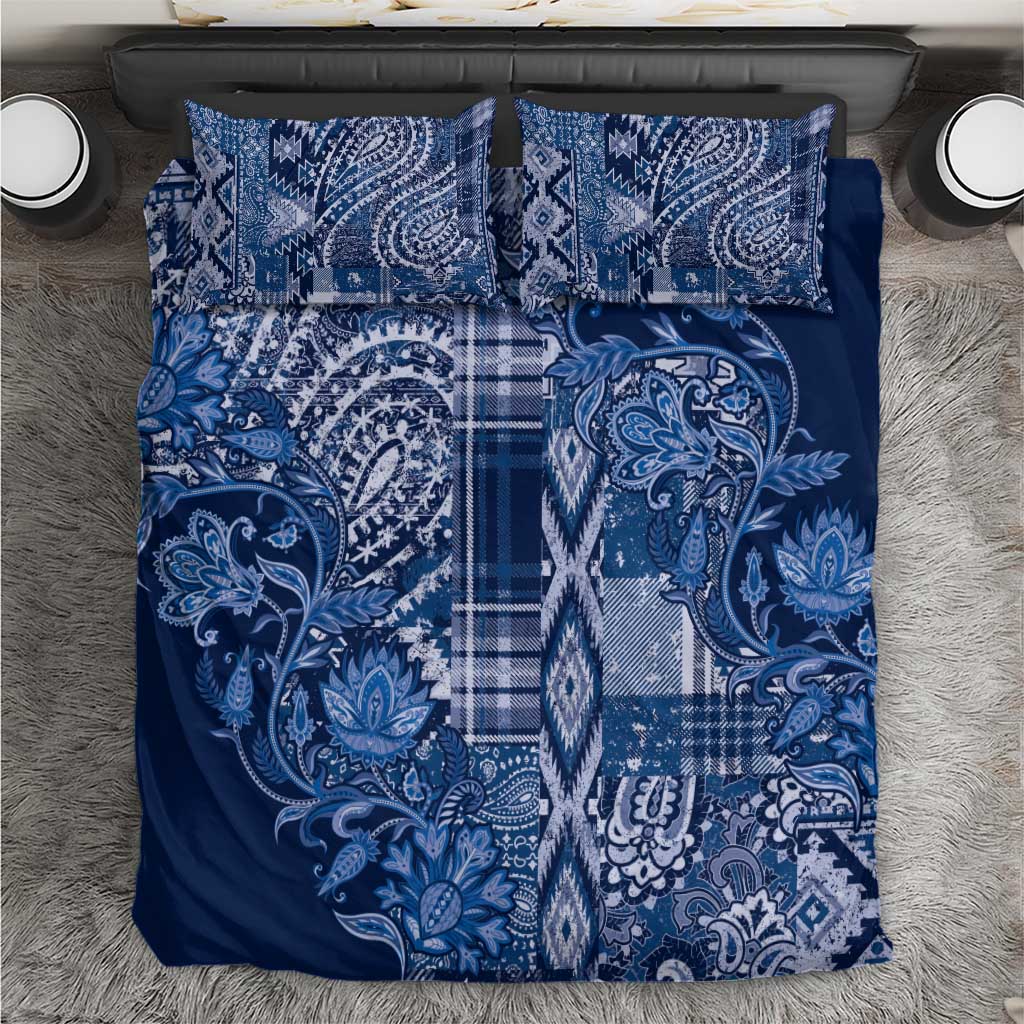 Blue paisley and floral shuka bedding set with patterned duvet and two matching pillow shams