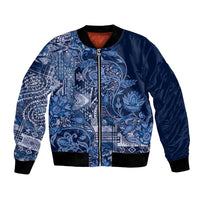 Blue unisex bomber jacket with full-zip, ribbed cuffs, patchwork floral graphic