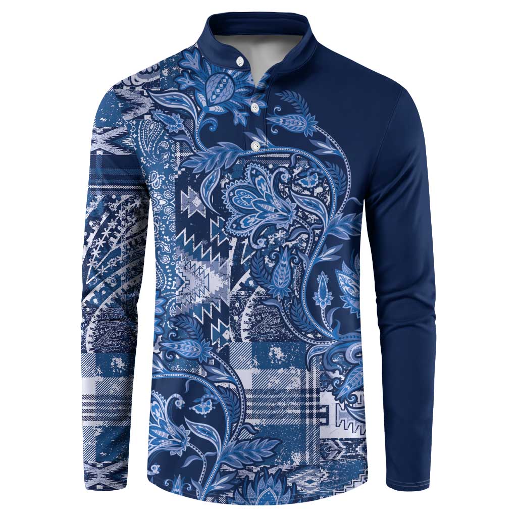 Blue button-up sweatshirt with paisley floral patchwork front and long sleeves