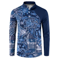 Blue button-up sweatshirt with paisley floral patchwork front and long sleeves
