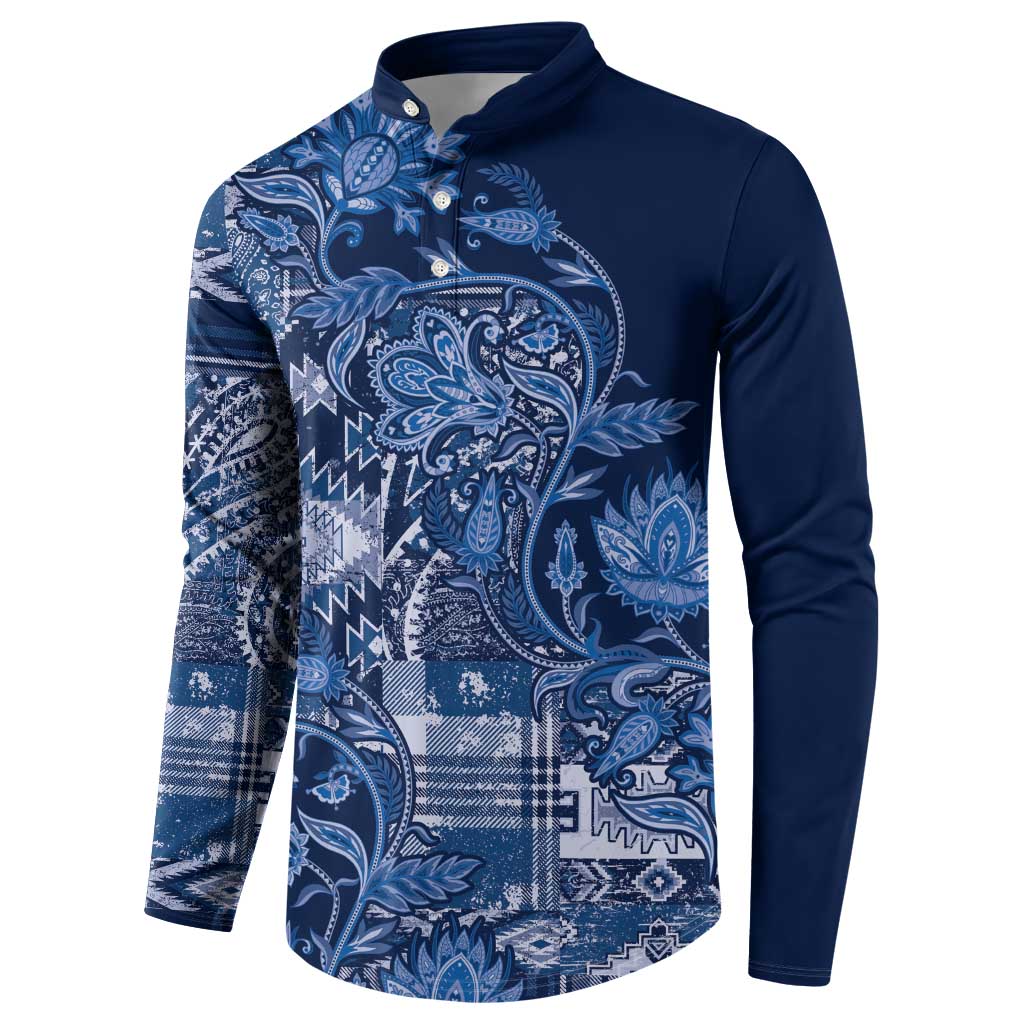 Blue button-up sweatshirt with paisley floral patchwork and solid navy sleeves