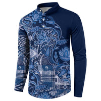 Blue button-up sweatshirt with paisley floral patchwork and solid navy sleeves