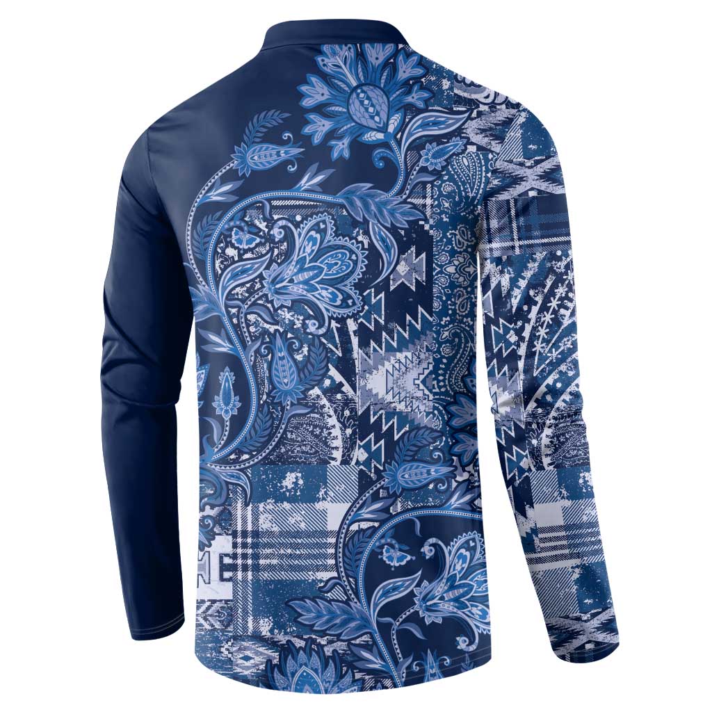 Blue button-up sweatshirt with paisley floral patchwork back panel and long sleeves