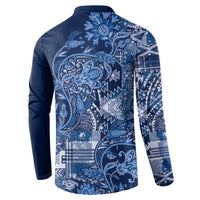 Blue button-up sweatshirt with paisley floral patchwork back panel and long sleeves