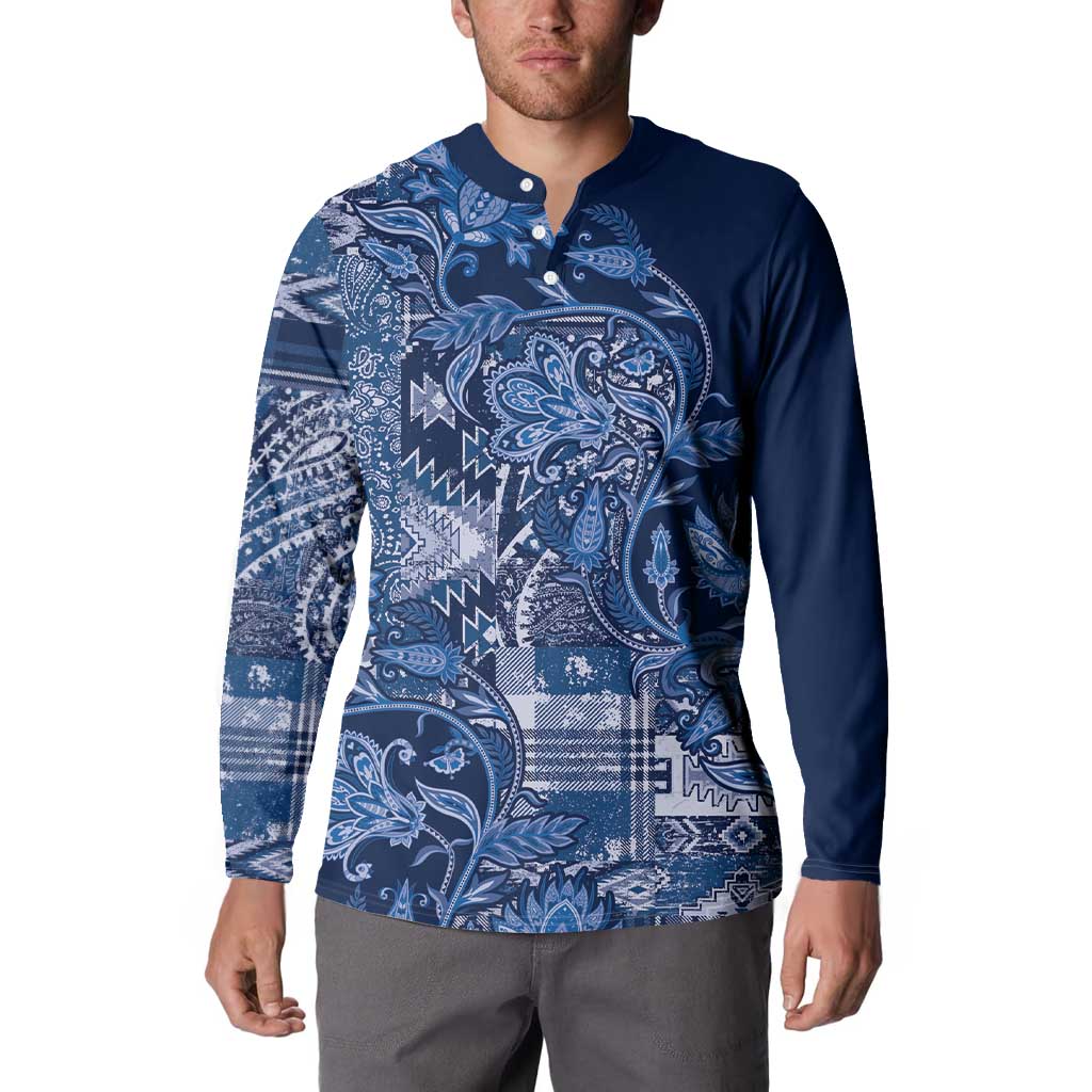 Blue button-up sweatshirt with paisley floral patchwork, buttoned collar, long sleeves