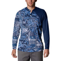 Blue button-up sweatshirt with paisley floral patchwork, buttoned collar, long sleeves