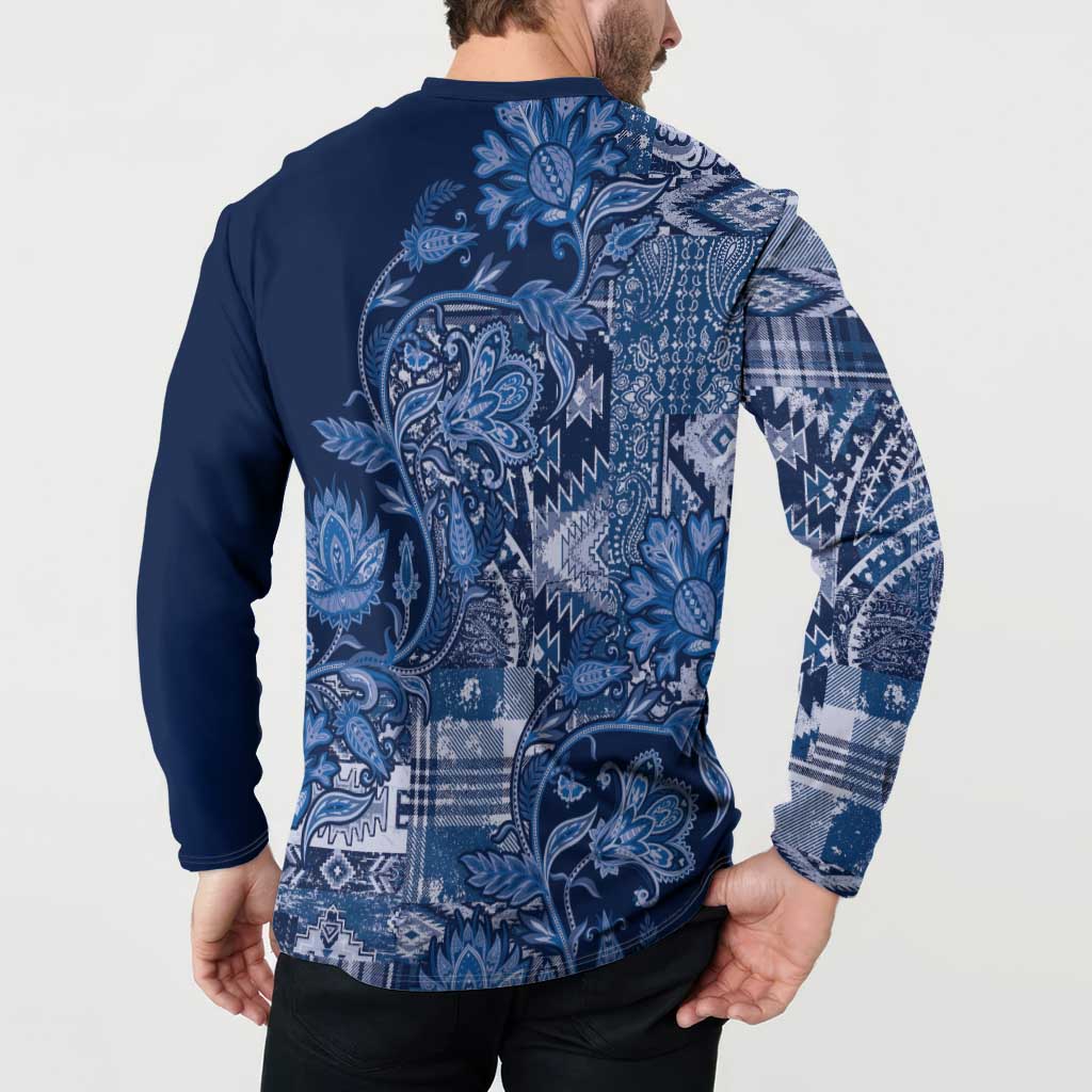 Blue button-up sweatshirt with paisley floral patchwork back and solid sleeves