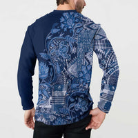 Blue button-up sweatshirt with paisley floral patchwork back and solid sleeves