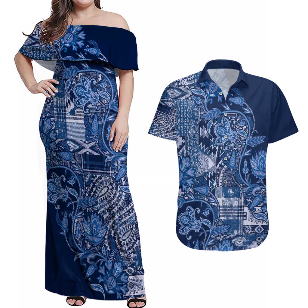 Africa Floral mix Maasai Shuka Couples Matching Off Shoulder Maxi Dress and Hawaiian Shirt Blue Moitf LT9 - Wonder Print Shop