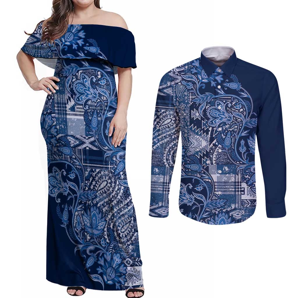 Africa Floral mix Maasai Shuka Couples Matching Off Shoulder Maxi Dress and Long Sleeve Button Shirt Blue Moitf LT9 - Wonder Print Shop