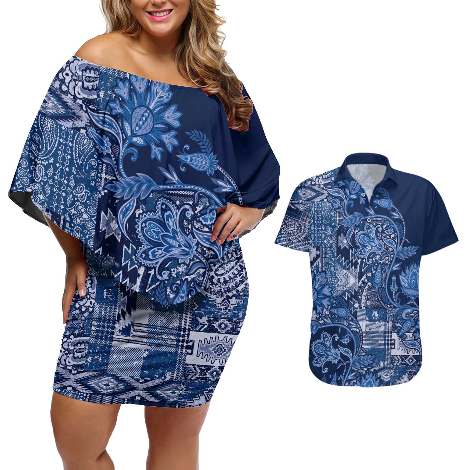 Africa Floral mix Maasai Shuka Couples Matching Off Shoulder Short Dress and Hawaiian Shirt Blue Moitf LT9 - Wonder Print Shop