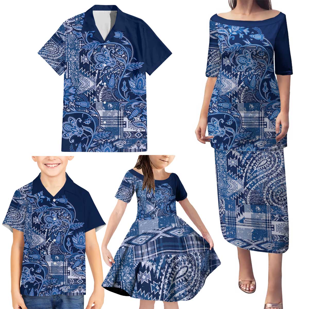 Africa Floral mix Maasai Shuka Family Matching Puletasi and Hawaiian Shirt Blue Moitf - Wonder Print Shop