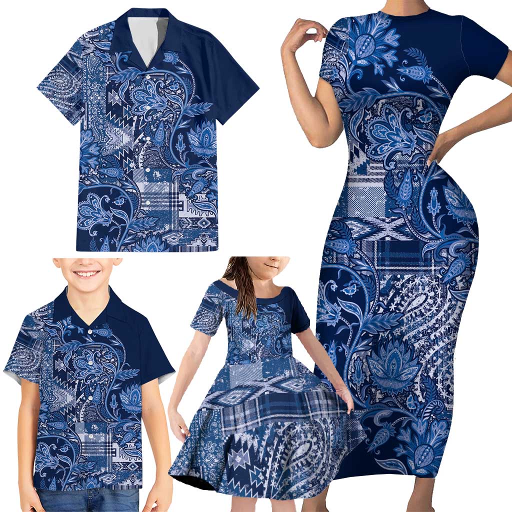 Africa Floral mix Maasai Shuka Family Matching Short Sleeve Bodycon Dress and Hawaiian Shirt Blue Moitf - Wonder Print Shop