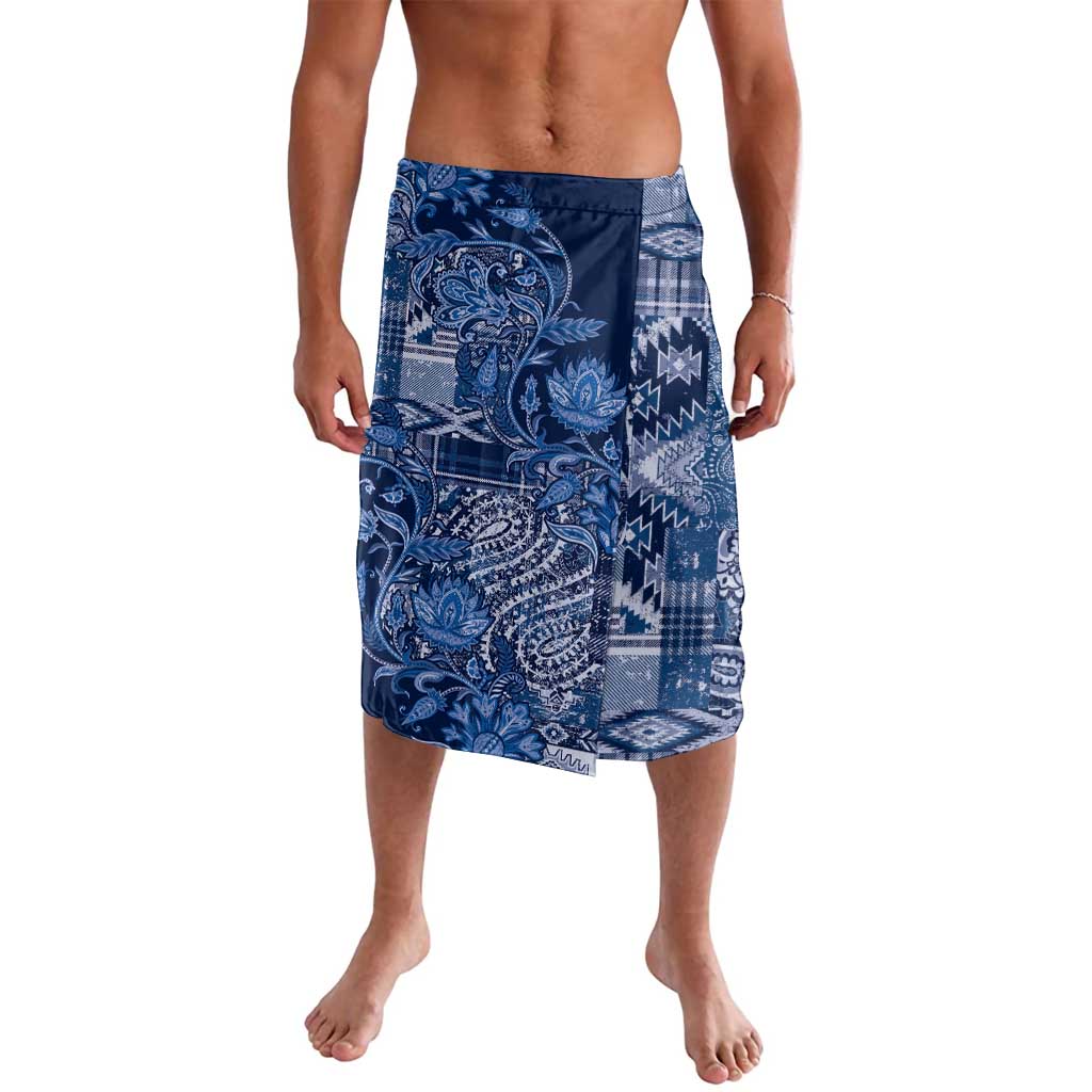 Blue patterned wrap skirt with paisley and geometric trim