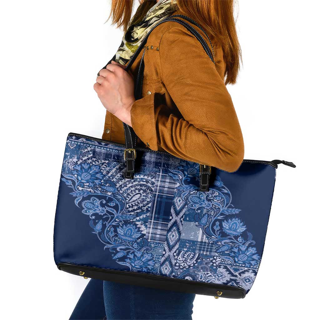 Africa Floral mix Maasai Shuka Leather Tote Bag Blue Moitf - Wonder Print Shop