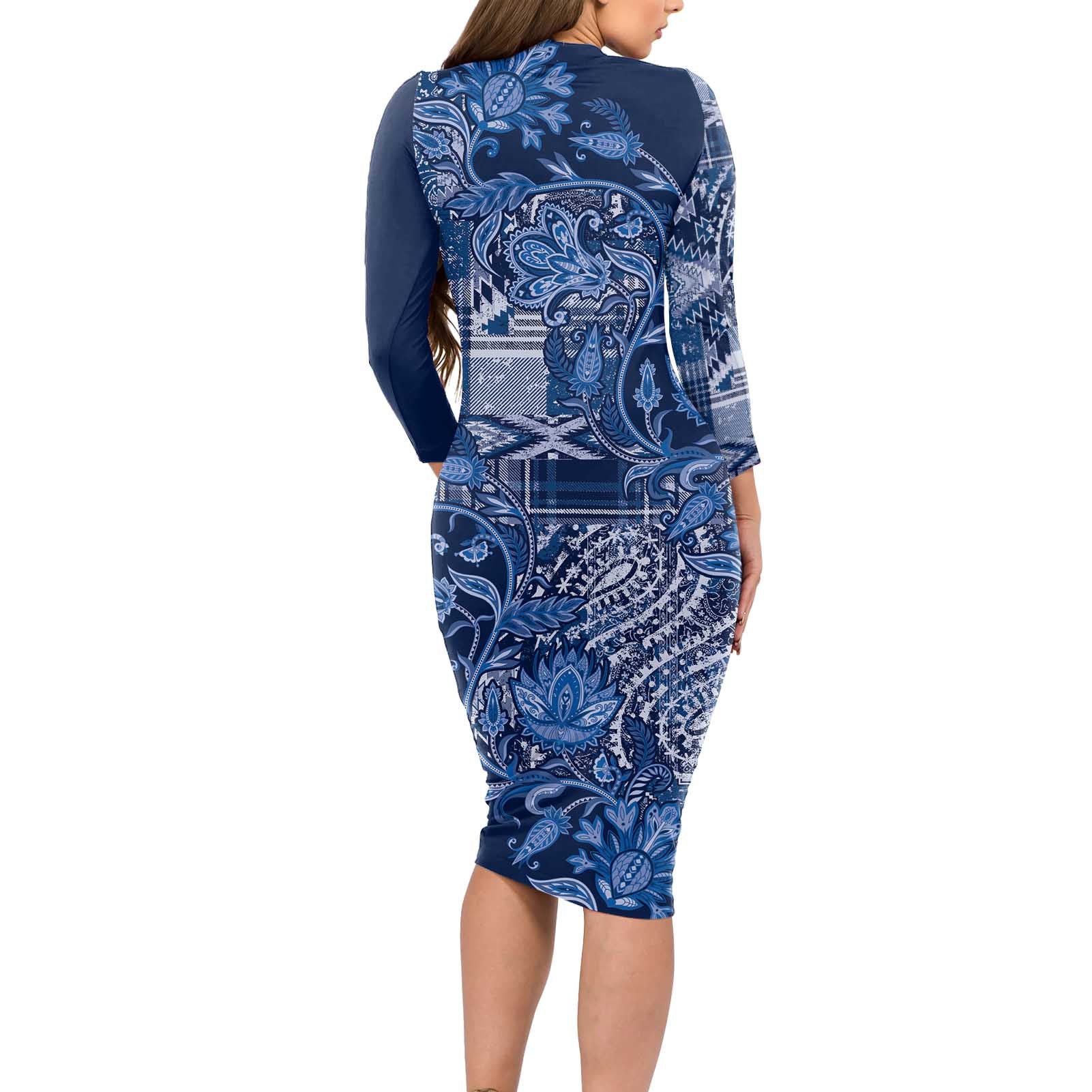 Africa Floral mix Maasai Shuka Long Sleeve Bodycon Dress Blue Moitf - Wonder Print Shop