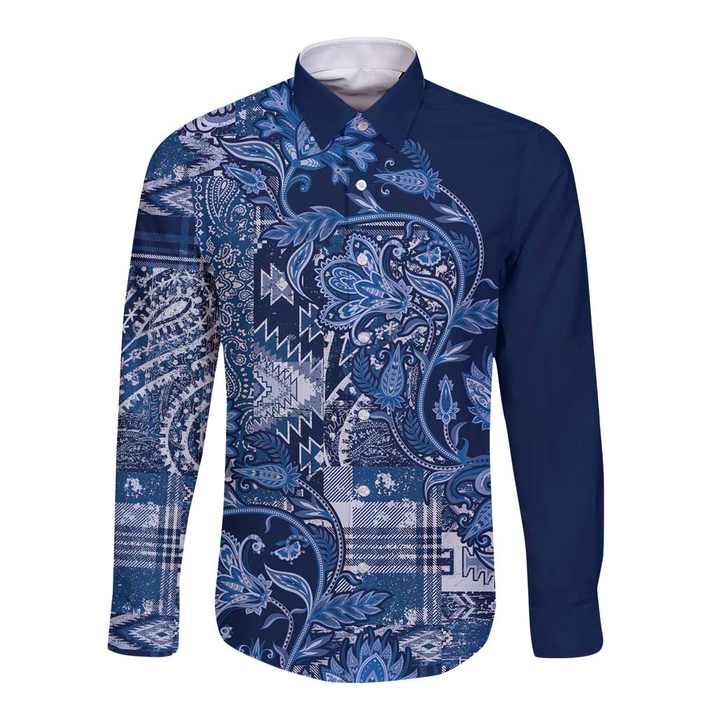 Unisex blue long-sleeve button shirt with paisley and floral patchwork