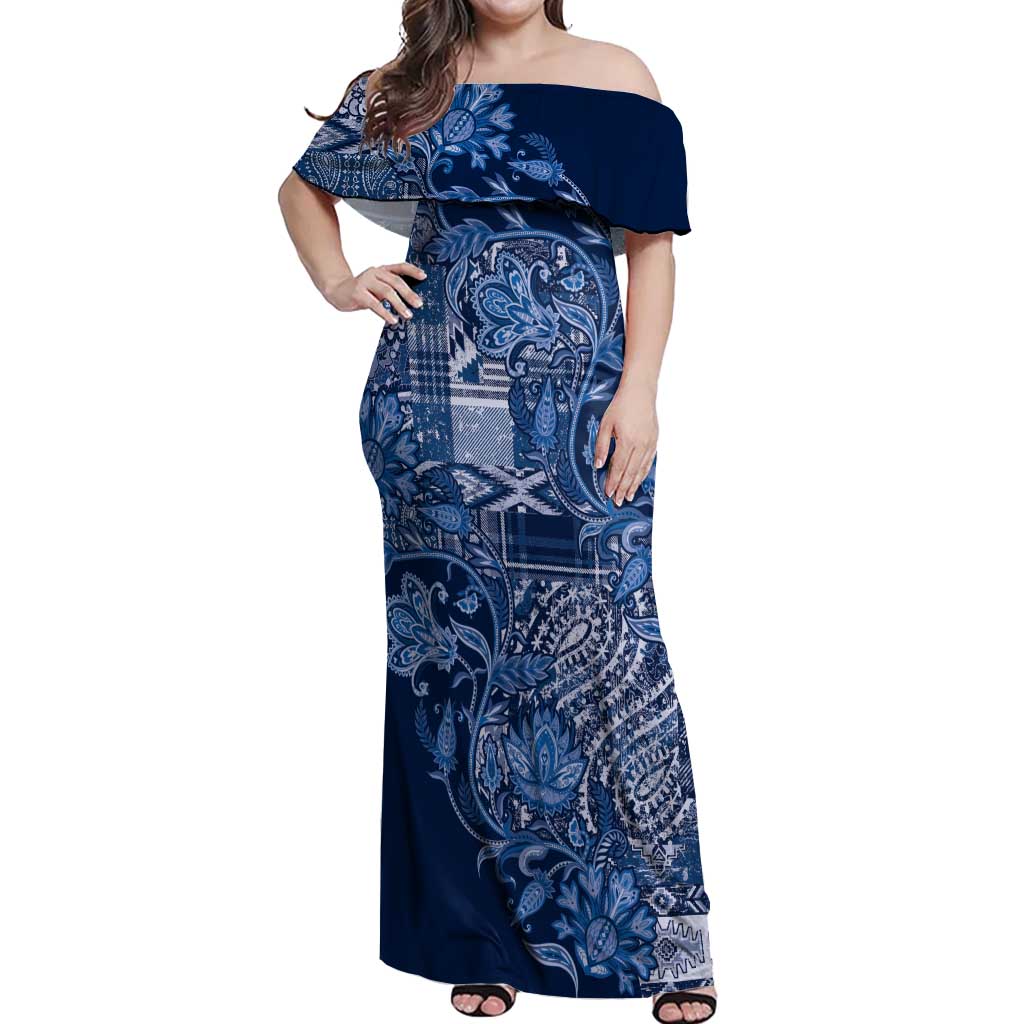 Africa Floral mix Maasai Shuka Off Shoulder Maxi Dress Blue Moitf - Wonder Print Shop