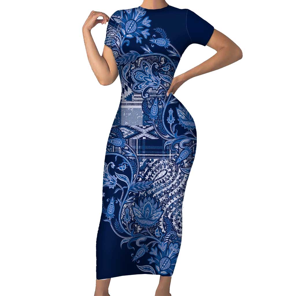 Africa Floral mix Maasai Shuka Short Sleeve Bodycon Dress Blue Moitf - Wonder Print Shop