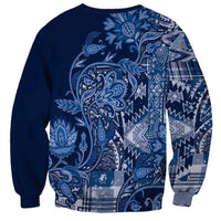 Unisex blue crewneck sweatshirt with paisley floral shuka patchwork back