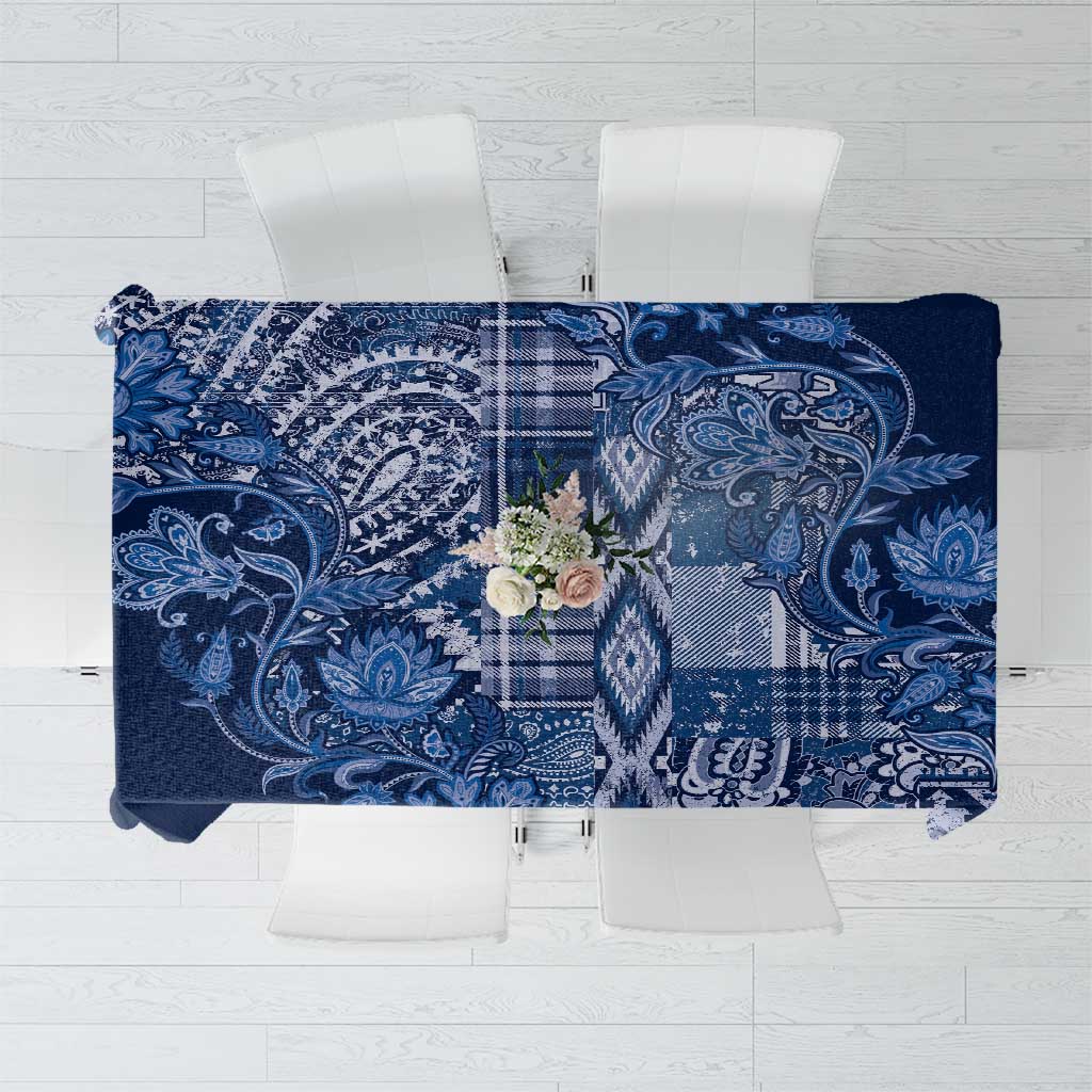 Blue paisley floral tablecloth with ornate medallion and leafy motifs, rectangular drape