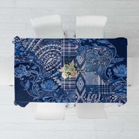 Blue paisley floral tablecloth with ornate medallion and leafy motifs, rectangular drape