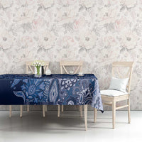 Blue paisley floral tablecloth with large leafy motifs and fine geometric accents