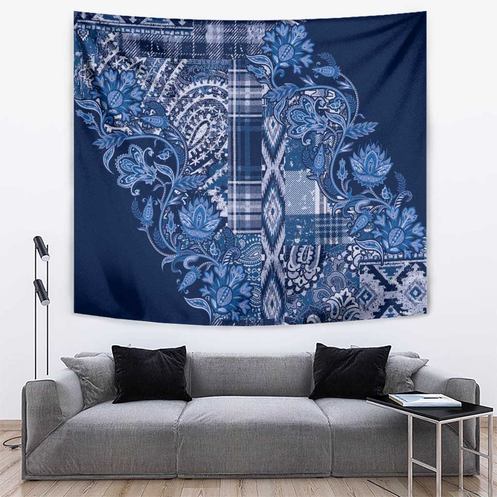 Blue floral shuka tapestry wall hanging with patchwork paisley and geometric pattern